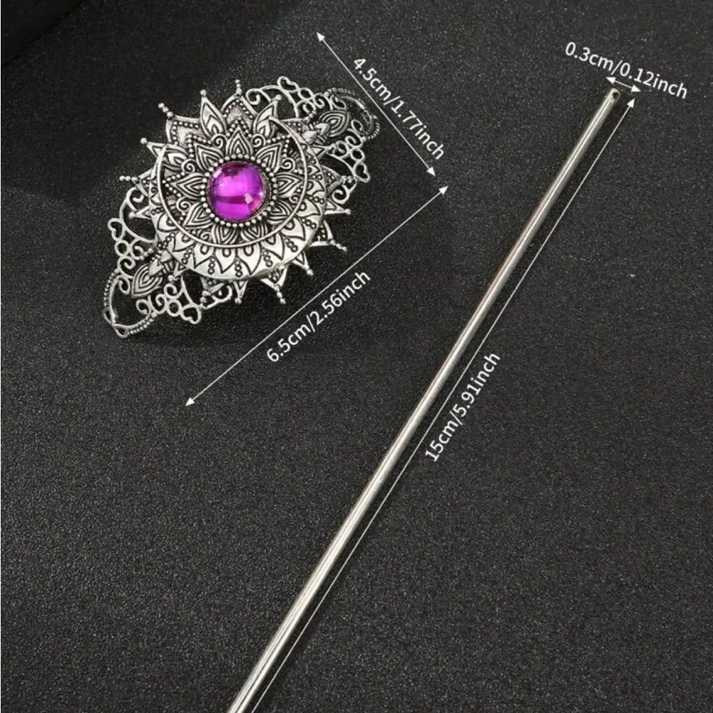 Bohemian Hair Accessory Silver Tone Purple Accent Stone, Engraved Details